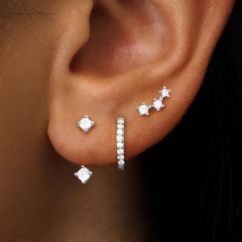 Poxtex Silver Earrings for Women, Silver Stud Huggie Hoop Jacket Cartilage Earring Stacks for Sensitive Ears, Dainty Women Fashion Jewelry Gifts - Image 2