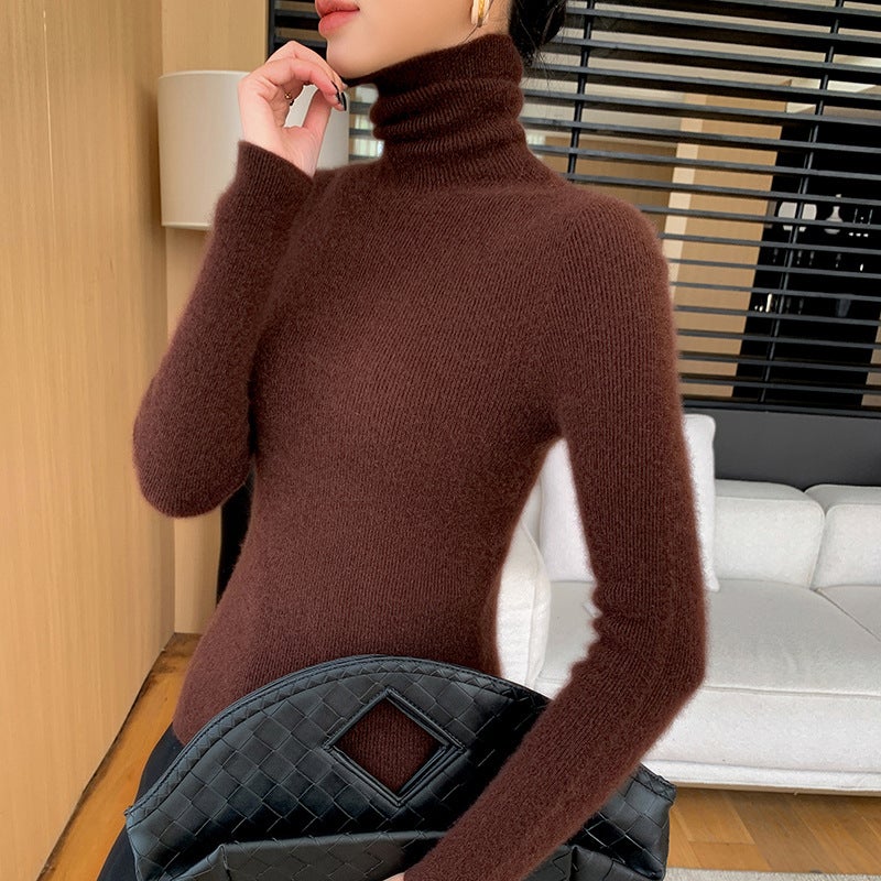 Seamless One-Line Ready-To-Wear Turtleneck Pure Color Knitwear Womens Autumn and Winter Slim Knitwear Bottoming Shirt Top with Coat Van dyke brown