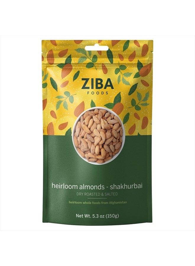 Ziba Foods Heirloom Shakhurbai Almonds | Dry Roasted & Salted | Non-GMO, Vegan, Gluten Free Snack, Nuts | Heirloom, Warm & Nutty | Healthy, Delicious Snack, 5.3 oz - Image 1