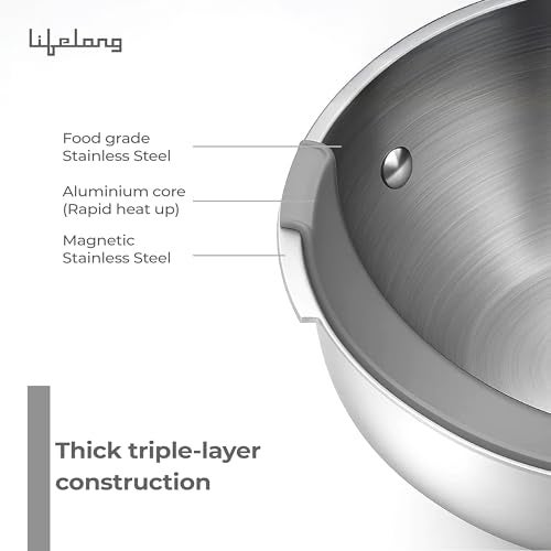 Lifelong Triply 3 piece cookware Set| 22cm Fry Pan (1.25L) & 22cm Triply Kadhai (2L) with Common Steel Lid | Soft Touch Handle | Even Heat Distribution | Induction & Gas Stove Compatible (Silver) - Image 3
