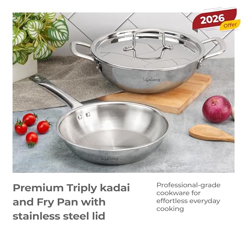 Lifelong Triply 3 piece cookware Set| 22cm Fry Pan (1.25L) & 22cm Triply Kadhai (2L) with Common Steel Lid | Soft Touch Handle | Even Heat Distribution | Induction & Gas Stove Compatible (Silver) - Image 2