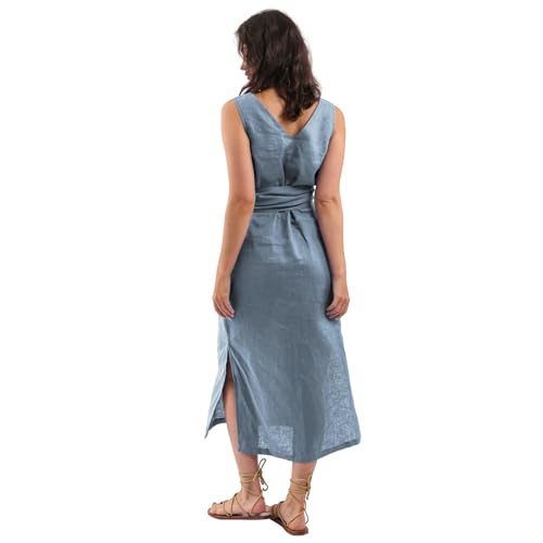 Amazhiyu Womens 100% Linen Summer V-Neck Midi Dresses Sleeveless with Pockets Denim, Small - Image 2