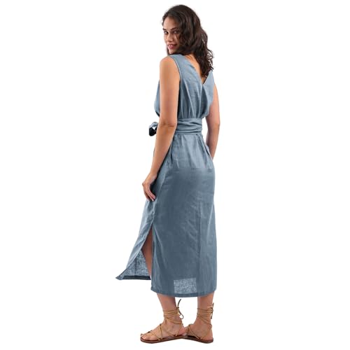 Amazhiyu Womens 100% Linen Summer V-Neck Midi Dresses Sleeveless with Pockets Denim, Small - Image 3