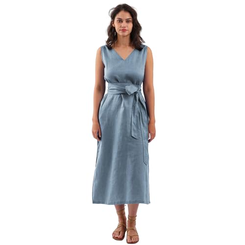 Amazhiyu Womens 100% Linen Summer V-Neck Midi Dresses Sleeveless with Pockets Denim, Small - Image 1