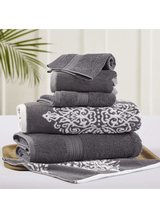Modern Threads Artesia Damask 6-Piece 100% Combed Cotton Reversible Yarn Dyed Jacquard Towel Set Platinum - Image 1