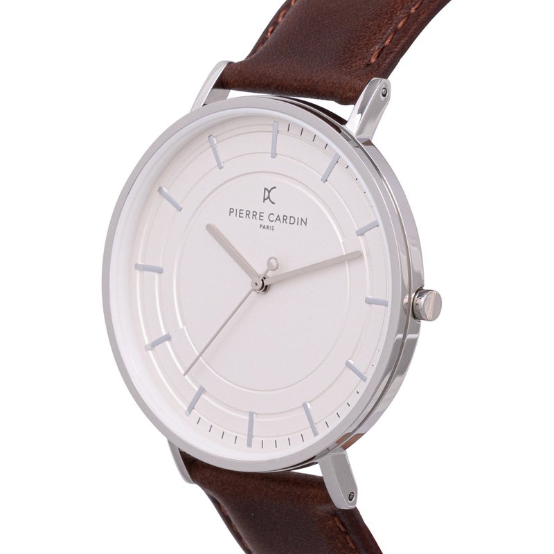 PIERRE CARDIN ELEGANCE MEN'S TIMEPIECE - LUXURY BROWN LEATHER & SILVER DIAL WATCH - Image 2