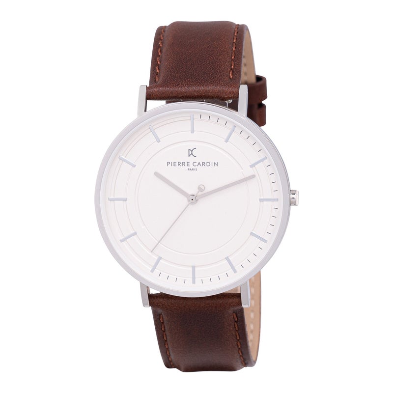 PIERRE CARDIN ELEGANCE MEN'S TIMEPIECE - LUXURY BROWN LEATHER & SILVER DIAL WATCH - Image 1