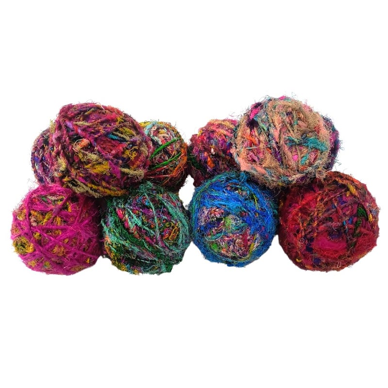 KNITSILK Recycled Sari Silk Yarn â€“ 1 x 100g Multicolour Unique Bulky Yarn Ball, 80+ Yards | Eco-Friendly Handmade Fiber for Knitting, Crochet, Weaving, Crafts, and DIY Projects. - Image 2