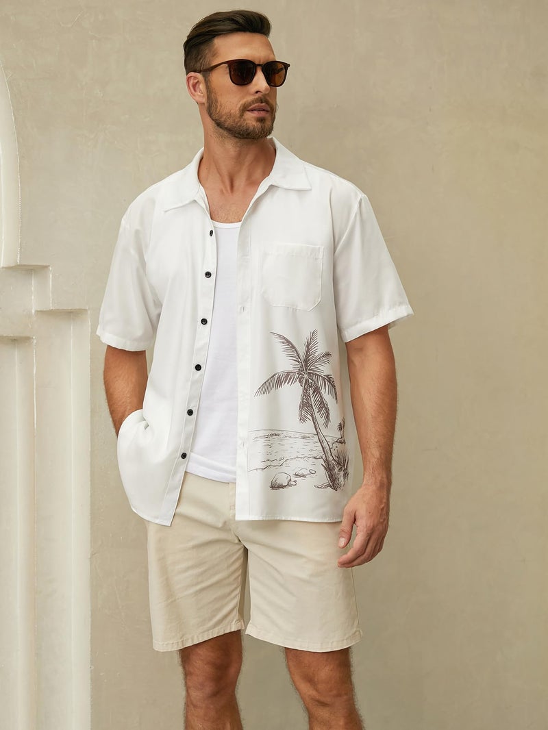 Hardaddy Men's Hawaiian Shirt Short Sleeves Coconut Printed Button Down Summer Beach Casual Shirts White XL - Image 3