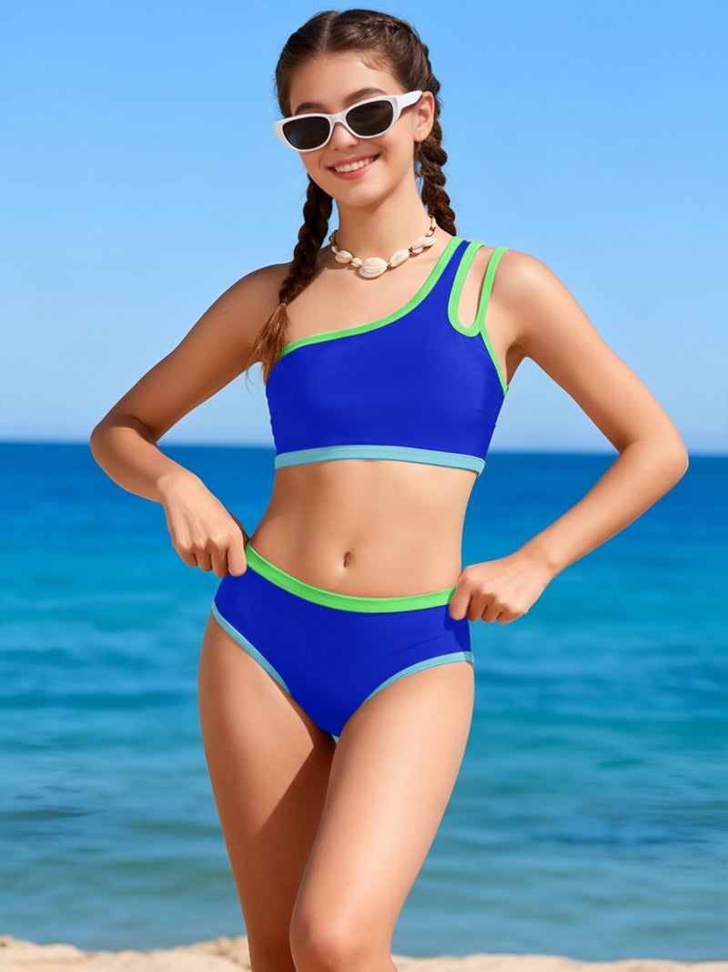 Redair Girls Swimsuits Size 10-12 Two Piece Bathing Suit Blue Color Block Bikini for Teens One Shoulder Beach Vacation - Image 2
