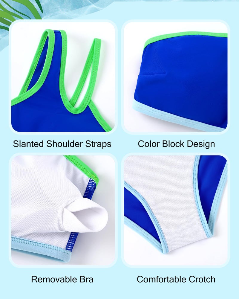 Redair Girls Swimsuits Size 10-12 Two Piece Bathing Suit Blue Color Block Bikini for Teens One Shoulder Beach Vacation - Image 4