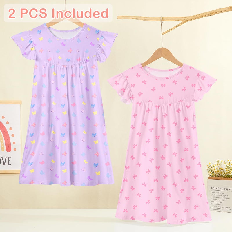 ICOSY 2PCS Girls Nightgowns Toddler Girl Pajamas Flutter Short Sleeve Princess Dress Sleepwear for Girls - Image 3
