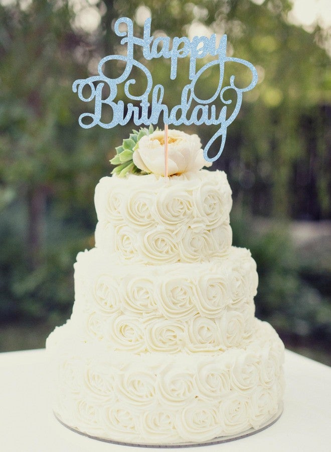 AHAORAY Happy Birthday Cake Topper - Light Blue Glitter Happy Birthday Cake Bunting Decor - Birthday Party Cake Decoration Supplies, for Photo Booth Props - Image 2