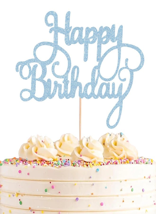 AHAORAY Happy Birthday Cake Topper - Light Blue Glitter Happy Birthday Cake Bunting Decor - Birthday Party Cake Decoration Supplies, for Photo Booth Props - Image 1