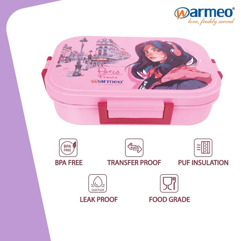 WARMEO Wonder Insulated Tiffin Box 2 Compartments with Locking Lid and Steam Valve Pink Food Grade Suitable for Wet Food Not Liquids - Image 4