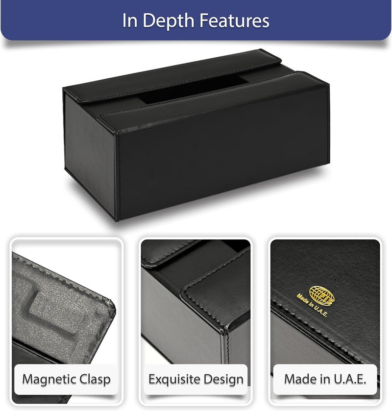 FIS Rectangular Tissue Box Holder - Black, Stitched Vinyl with Magnetic Bifold Lid - Image 3