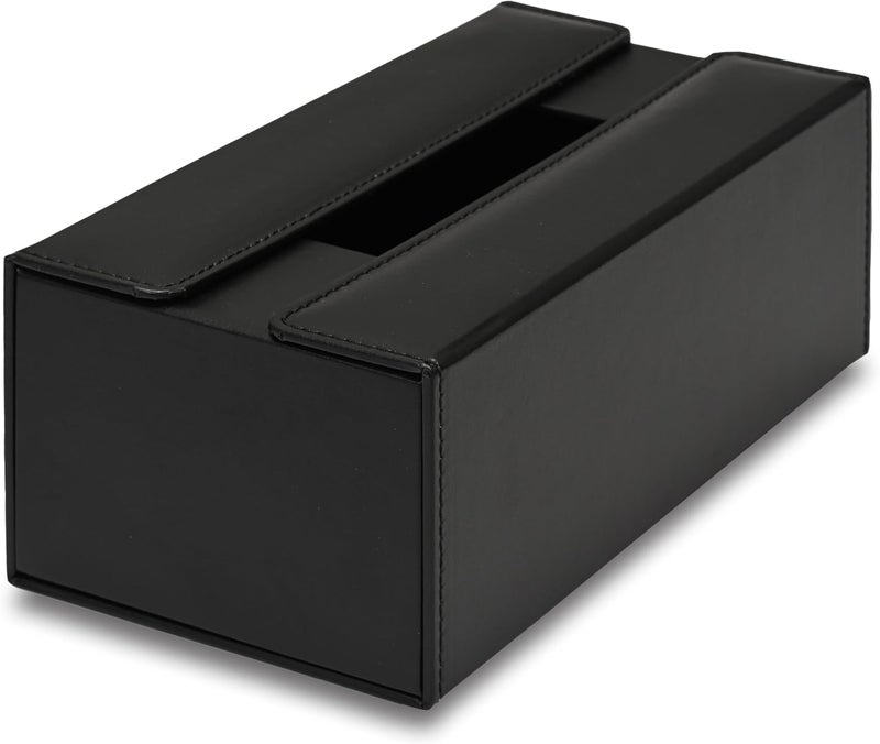 FIS Rectangular Tissue Box Holder - Black, Stitched Vinyl with Magnetic Bifold Lid - Image 1
