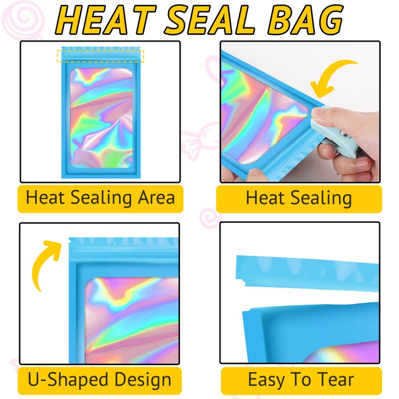 TIFICAL 100 PCS Holographic Bags, Smell Proof Bag, Resealable Gift Bags, Clear Bags for Food Storage, Party Favor Bag, Mylar Sample Bag for Jewelry, Lipgloss, Eyelash | Blue, 2.4x3.9 Inch - Image 4