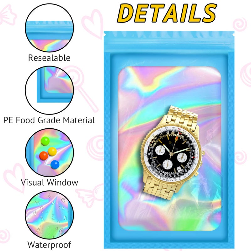 TIFICAL 100 PCS Holographic Bags, Smell Proof Bag, Resealable Gift Bags, Clear Bags for Food Storage, Party Favor Bag, Mylar Sample Bag for Jewelry, Lipgloss, Eyelash | Blue, 2.4x3.9 Inch - Image 3