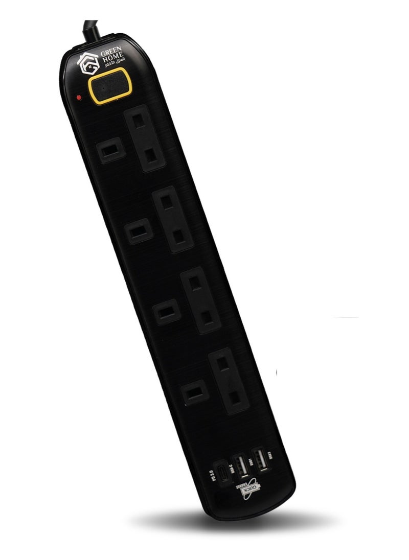 GREEN HOME GreenHome Power Strip 4 Power Outlets 2 USB Ports and Type C Fast Charging (Black)  - Image 1