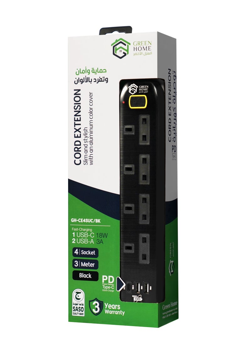 GREEN HOME GreenHome Power Strip 4 Power Outlets 2 USB Ports and Type C Fast Charging (Black)  - Image 2