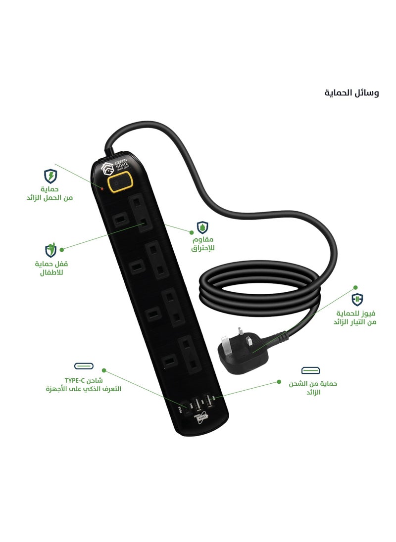 GREEN HOME GreenHome Power Strip 4 Power Outlets 2 USB Ports and Type C Fast Charging (Black)  - Image 3