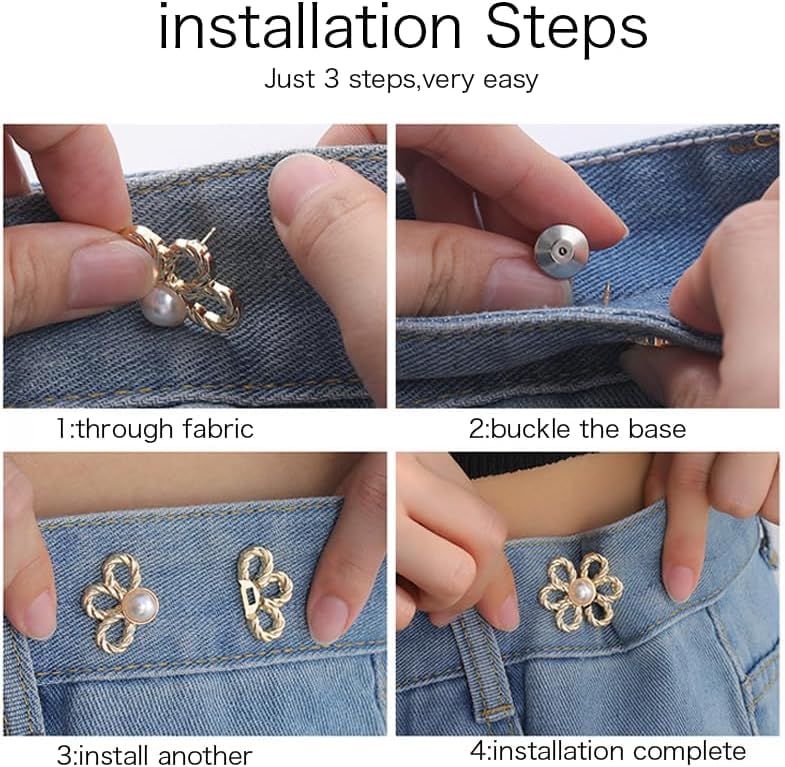 CHRIS GOOD Flower Jeans Button 10 Sets Pant Waist Tightener, Adjustable Waist Buckle Sets No Sew and No Tools Detachable Decorative Waist Buckles, Jean Buttons Pins for Loose Jeans, Pants, Skirts (No Sew) - Image 3