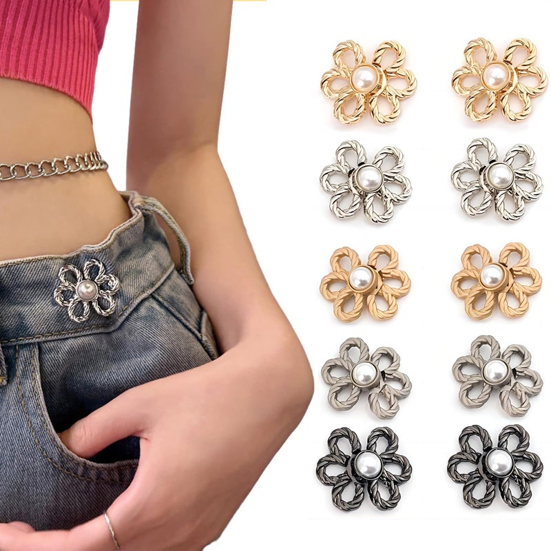 CHRIS GOOD Flower Jeans Button 10 Sets Pant Waist Tightener, Adjustable Waist Buckle Sets No Sew and No Tools Detachable Decorative Waist Buckles, Jean Buttons Pins for Loose Jeans, Pants, Skirts (No Sew) - Image 1