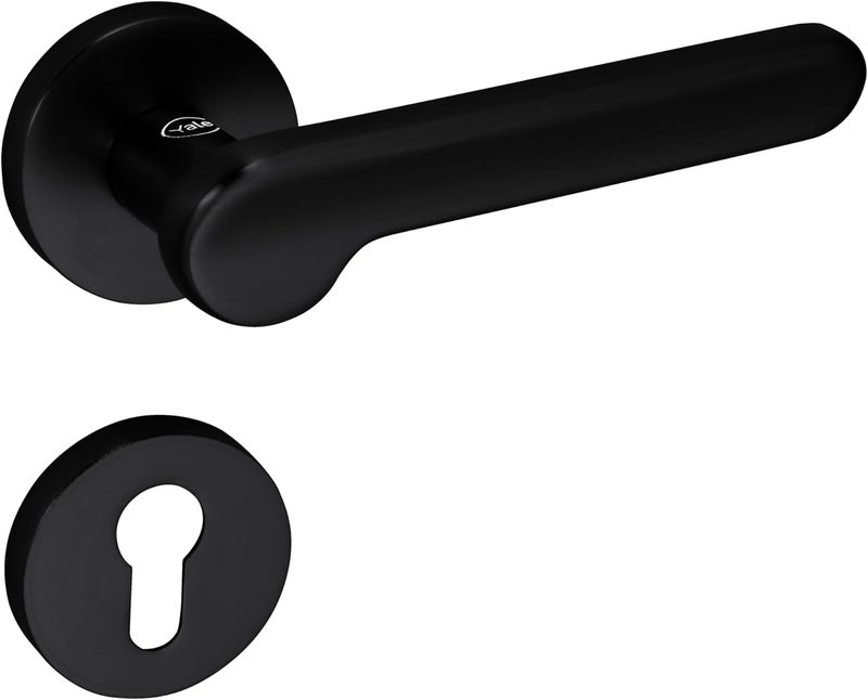 مقبض باب ممتاز من سلسلة Yale Amazon مصنوع من سبائك الزنك، لون أسود مطفي، ذراع بميكانيكية زنبركية، معيار EN1906، مناسب للأبواب الداخلية، قابل للتعديل للاستخدام باليد اليسرى/اليمنى، يشمل غطاءً للثقب، 35-DH-Z001-BM-11