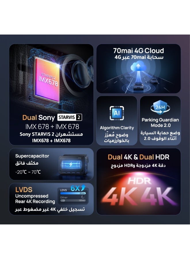 70mai A900 Ultra 4K + 4K Dash Cam Front and Rear, Car Camera, Dual STARVIS 2 IMX678 Sensors & Dual HDR, Supercapacitor, Night Owl Vision 2.0, Wi-Fi 6, GPS, Optional 4G & Parking Mode - Image 2