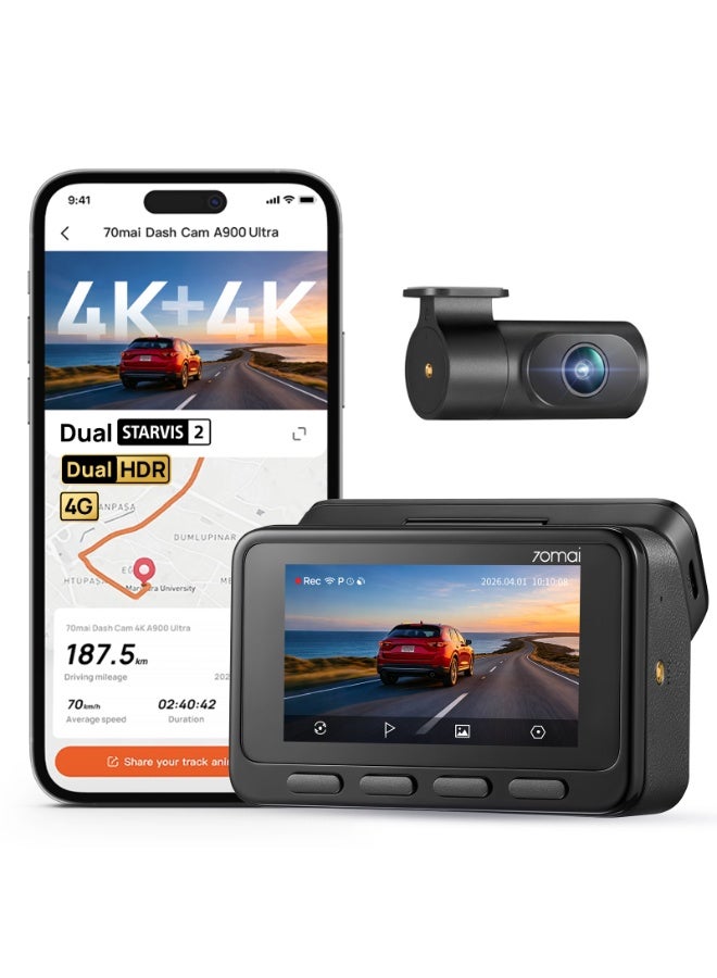 70mai A900 Ultra 4K + 4K Dash Cam Front and Rear, Car Camera, Dual STARVIS 2 IMX678 Sensors & Dual HDR, Supercapacitor, Night Owl Vision 2.0, Wi-Fi 6, GPS, Optional 4G & Parking Mode - Image 1