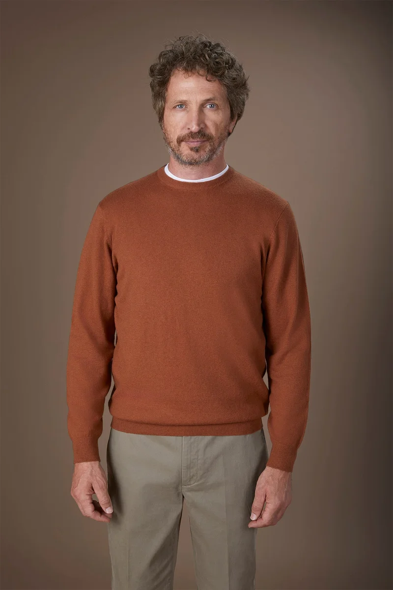 Men's regular fit crew neck jumper in wool and cotton - Brick