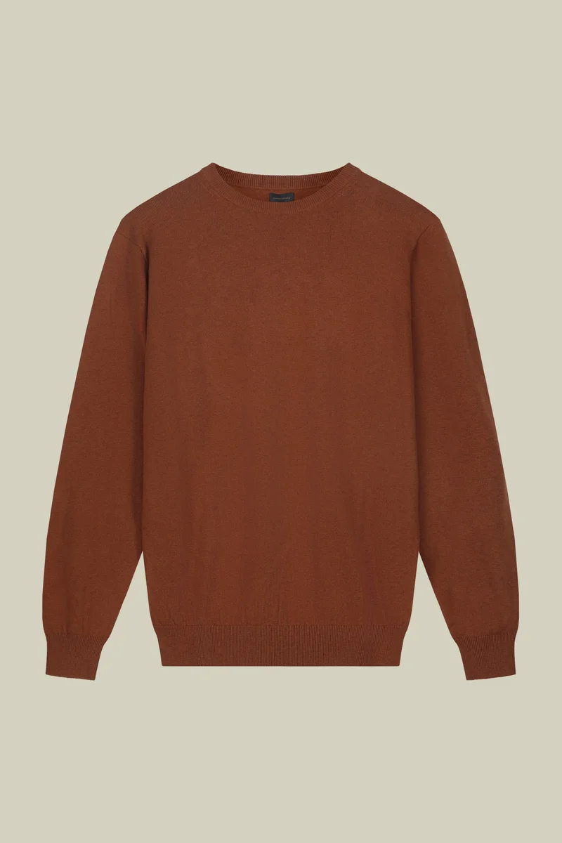 Doppelganger Men's regular fit crew neck jumper in wool and cotton - Brick