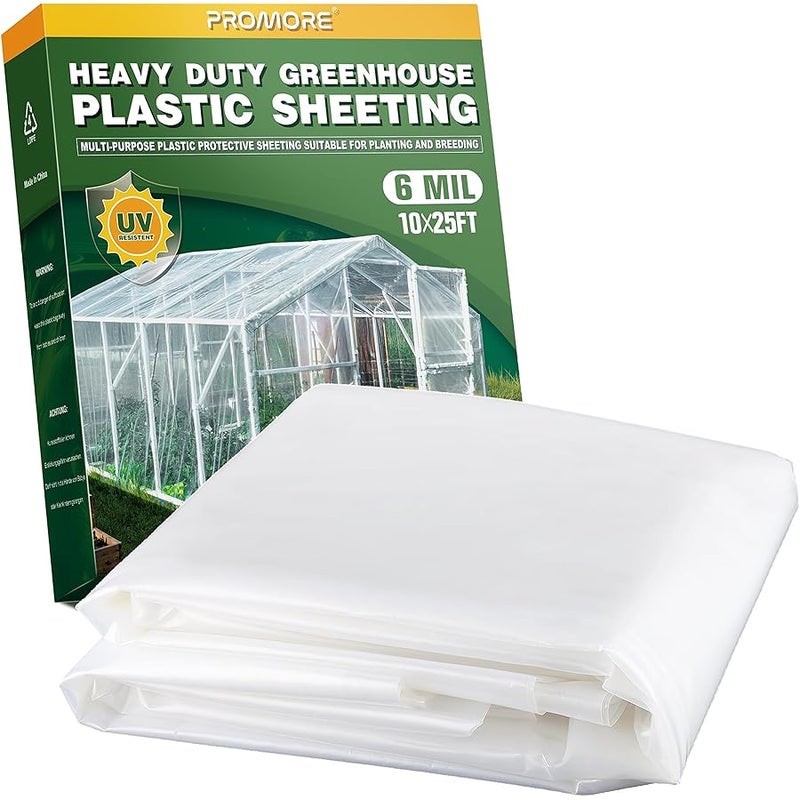 PROMORE 6 Mil 10x25 FT Heavy Duty Plastic Sheeting, UV Resistant Tear-Proof for Greenhouse, Farm, Livestock, Construction, Painting, Floor Protection - Image 1