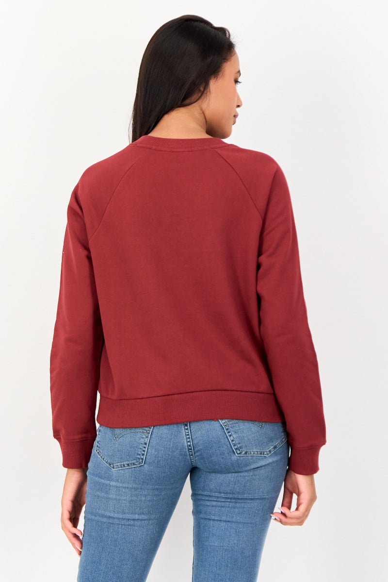 VANS Women Ribbed Neck Long Sleeve Brand Logo Sweatshirt, Maroon - Image 2