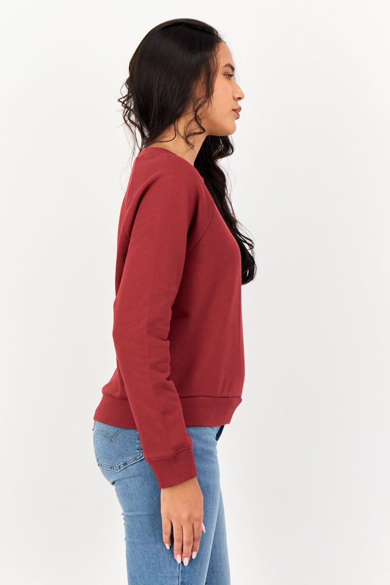 VANS Women Ribbed Neck Long Sleeve Brand Logo Sweatshirt, Maroon - Image 3