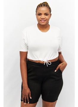 Women Round Neck Short Sleeve Embroidered Logo Crop Top, White