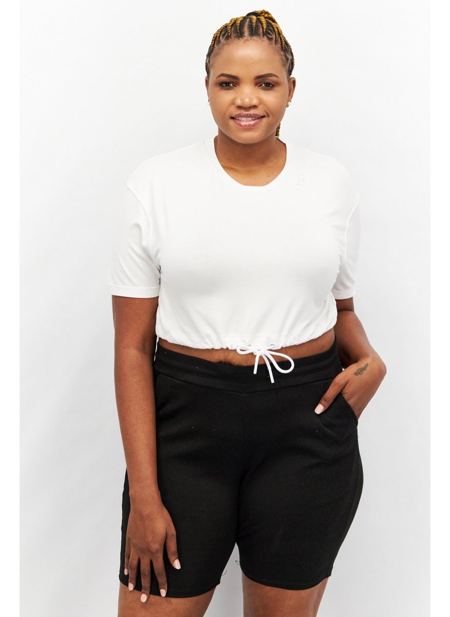 TRIBE OF 6 - Women Round Neck Short Sleeve Embroidered Logo Crop Top, White - Image 1