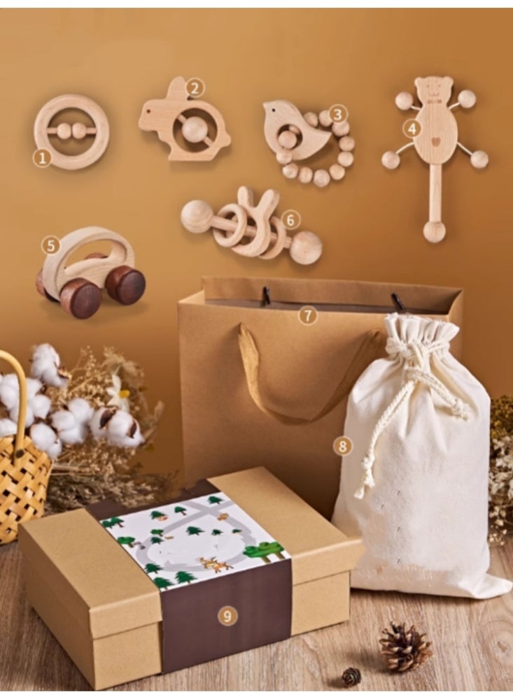 Wooden Ringbell Newborn Meeting Gift Box Baby Full Moon Gift Box Newborn Baby Toy Gift Box【 Simple Square Box+Gift Bag 】 Basic Edition - Image 1