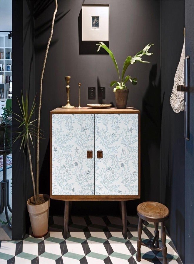 WY-BSO White and Blue Textured Sea Coral Starfish Shells Contact Paper for Cabinets,Vinyl Film Decorative Drawer Liner for Bedroom Dresser Sticker (White and Blue, 17.3 inch x 118 inch) - Image 2
