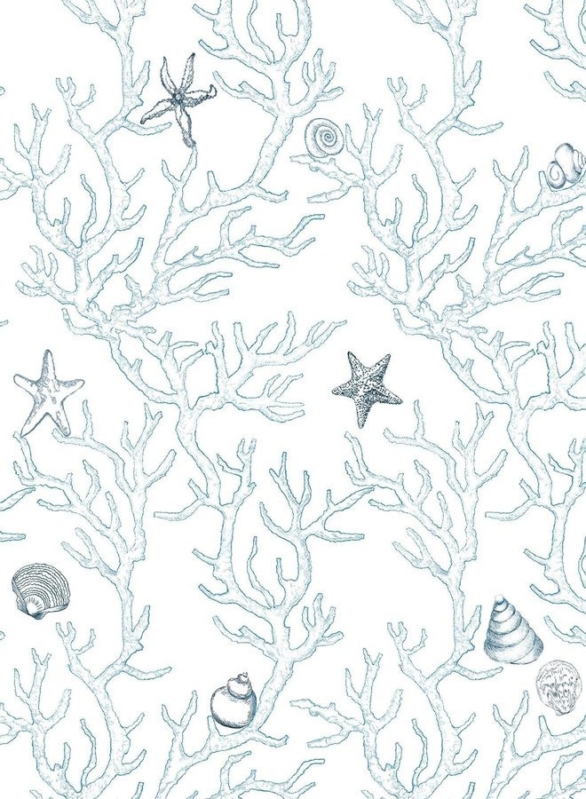 WY-BSO White and Blue Textured Sea Coral Starfish Shells Contact Paper for Cabinets,Vinyl Film Decorative Drawer Liner for Bedroom Dresser Sticker (White and Blue, 17.3 inch x 118 inch) - Image 1