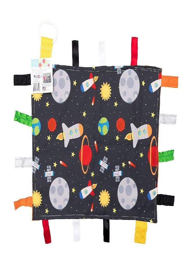 The Learning Lovey Baby Sensory, Security & Teething Closed Ribbon Tag Lovey Blanket with Minky Dot Fabric: 14X18 (Outer Space)  - Image 1
