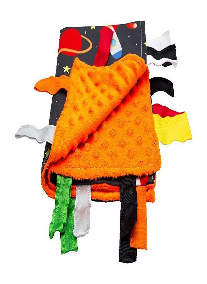 The Learning Lovey Baby Sensory, Security & Teething Closed Ribbon Tag Lovey Blanket with Minky Dot Fabric: 14X18 (Outer Space)  - Image 2