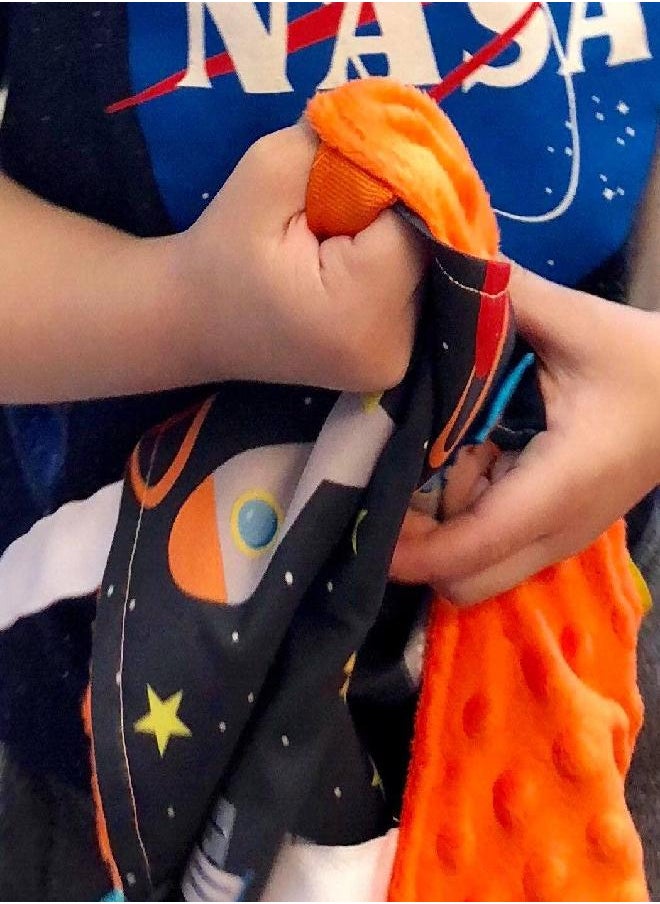The Learning Lovey Baby Sensory, Security & Teething Closed Ribbon Tag Lovey Blanket with Minky Dot Fabric: 14X18 (Outer Space)  - Image 4