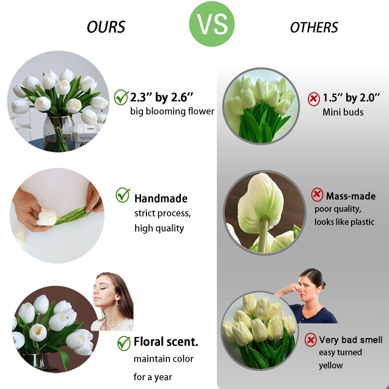 Buart White&Green Tulip Flowers Artificial Luxury Big Tulip Valentine's Day Mother's Day Easter Home Kitchen Wedding Decorations(11pcs) - Image 2