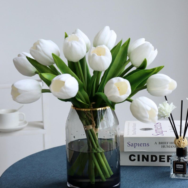 Buart White&Green Tulip Flowers Artificial Luxury Big Tulip Valentine's Day Mother's Day Easter Home Kitchen Wedding Decorations(11pcs) - Image 1