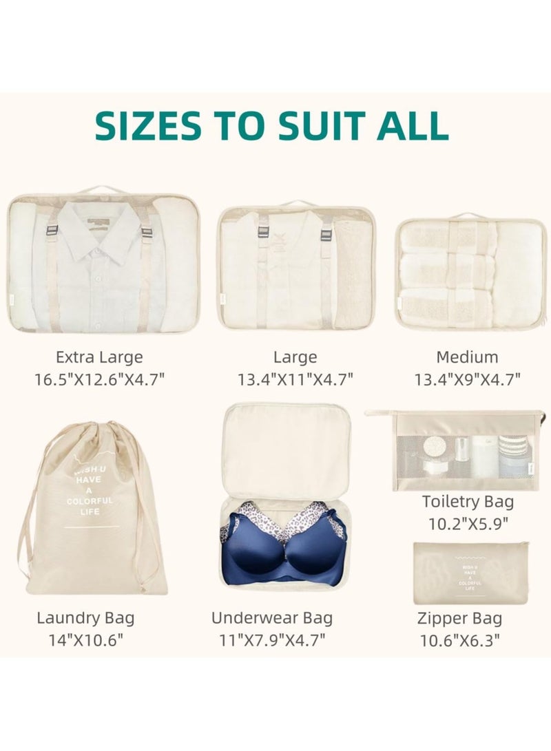 SAW & SEE 7-Piece Travel Luggage Organizer Set – Lightweight and Foldable Packing Cubes with Toiletry Bag, Perfect Suitcase Storage Solution for Neat and Hassle-Free Travel – BEIGE - Image 3