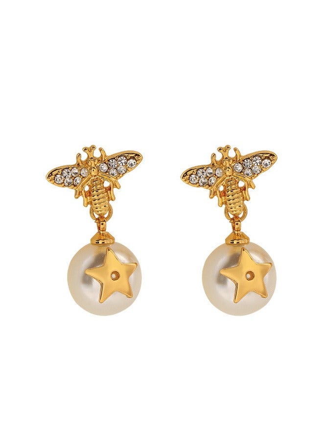 1 Pair Women's 18K Gold Needle Fashion Pearl Star Drop Earrings for Women Pearl Dangle Earrings  - Image 3