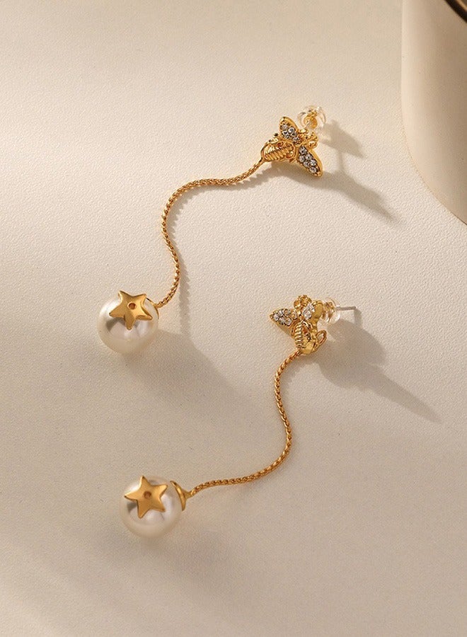 1 Pair Women's 18K Gold Needle Fashion Pearl Star Drop Earrings for Women Pearl Dangle Earrings  - Image 4
