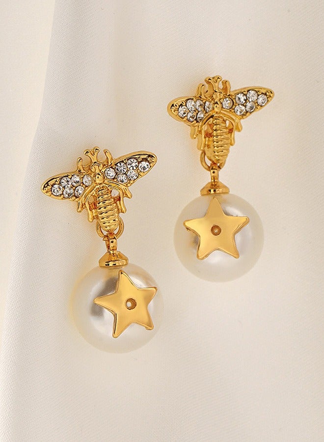 1 Pair Women's 18K Gold Needle Fashion Pearl Star Drop Earrings for Women Pearl Dangle Earrings  - Image 5
